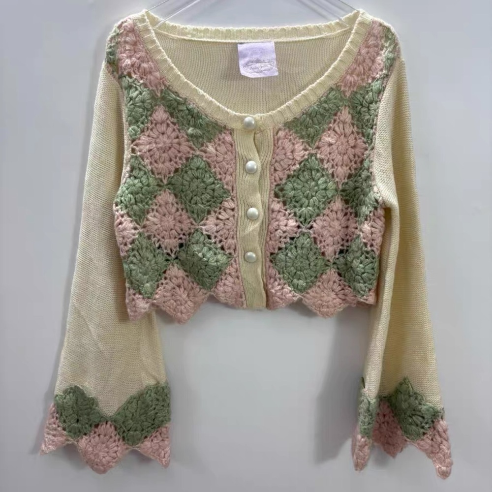 Vintage Hand Made Wool Pastel Patchwork Knit Swea… - image 1